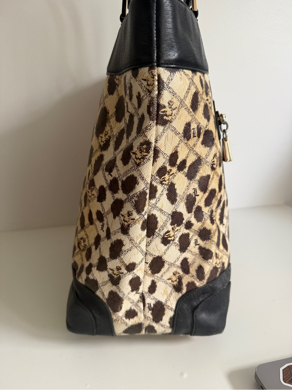 L.A.M.B by Gwen Stefani Leopard Print Canvas & Leather Tote Bag Y2K - Picture 3 of 7